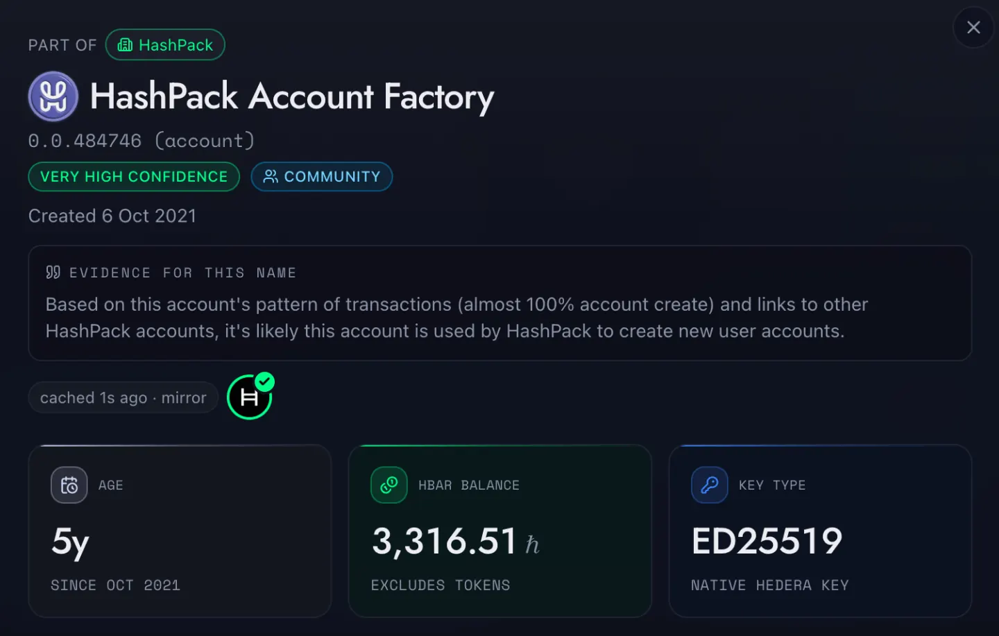 An account named by the community as the HashPack Account Factory, shown as part of the HashPack organisation, with the evidence for the name beneath it